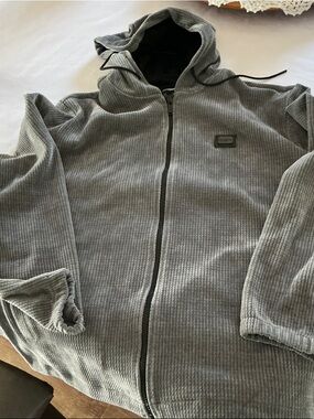 Karl Lagerfeld Gray Ribbed Hooded Zip Jacket